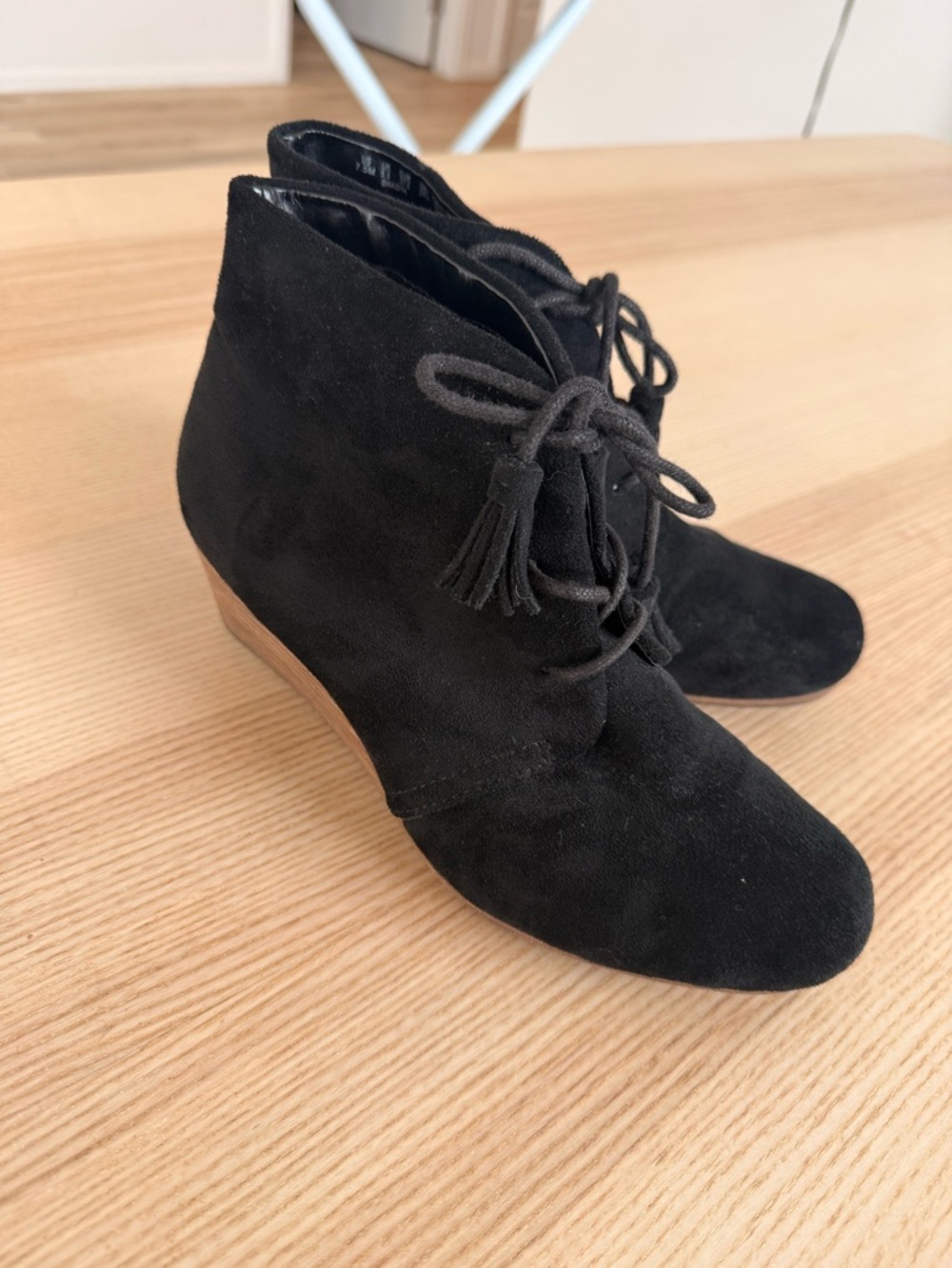 Dr. Scholl's Black Suede Tassel Lace-Up Wedge Booties